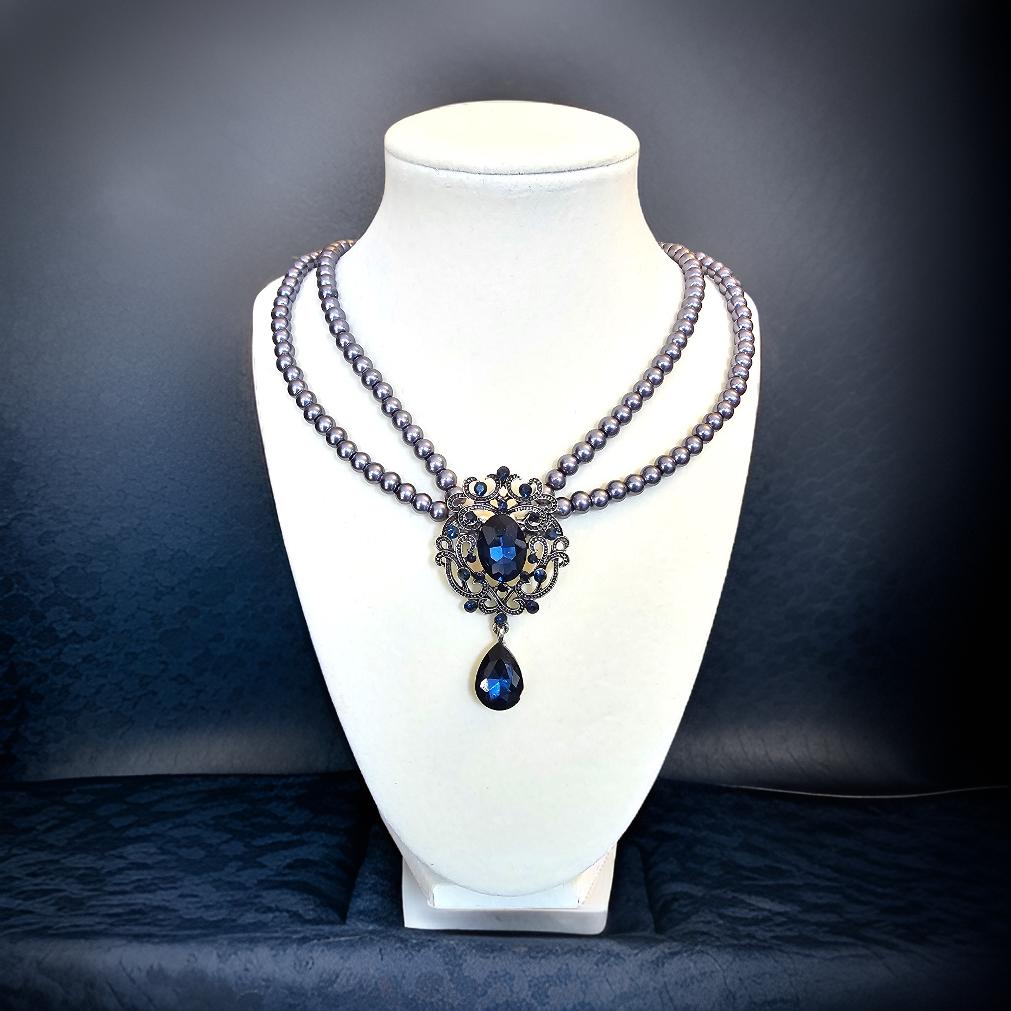 Gray Glass Pearl Necklace with Blue Focal Piece