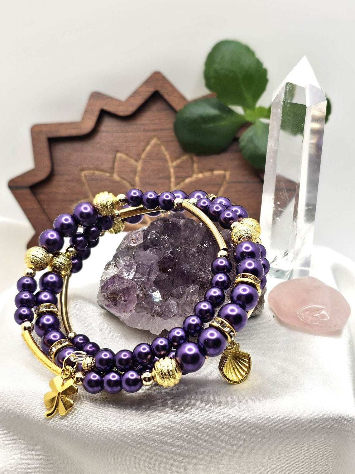 Purple Memory Wire Bracelet- Goldtone Accents - CelStone Jewelry