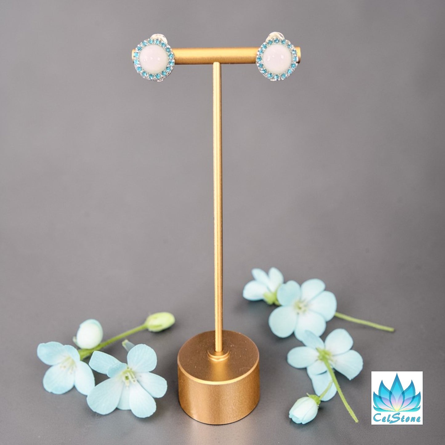 White Agate Rhinestone Clip-on Earrings