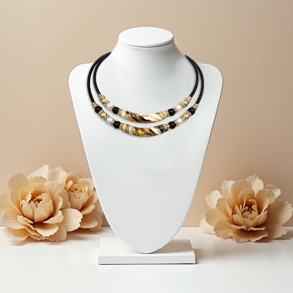 Golden Murano Leather Memory Wire Neckalce