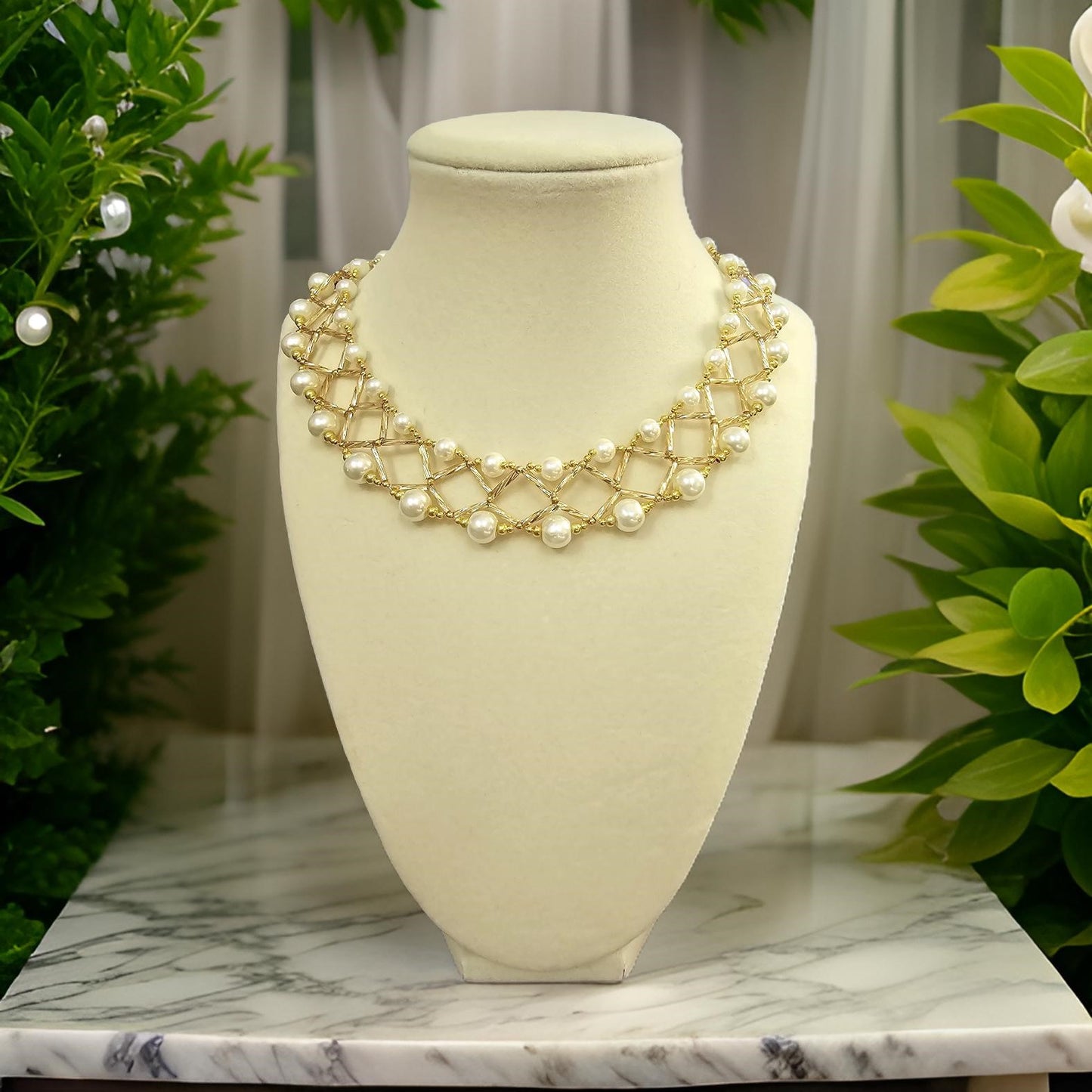 Golden Bugle Bead and Pearl Necklace