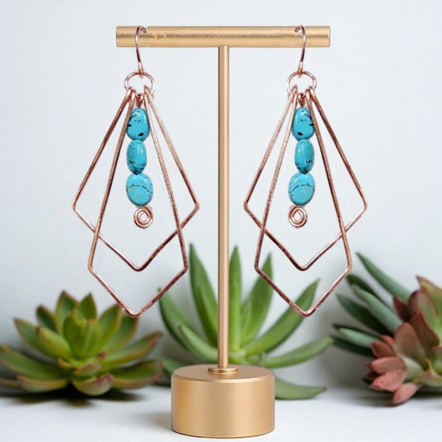 hammered copper geometric earrings with turquoise ovals