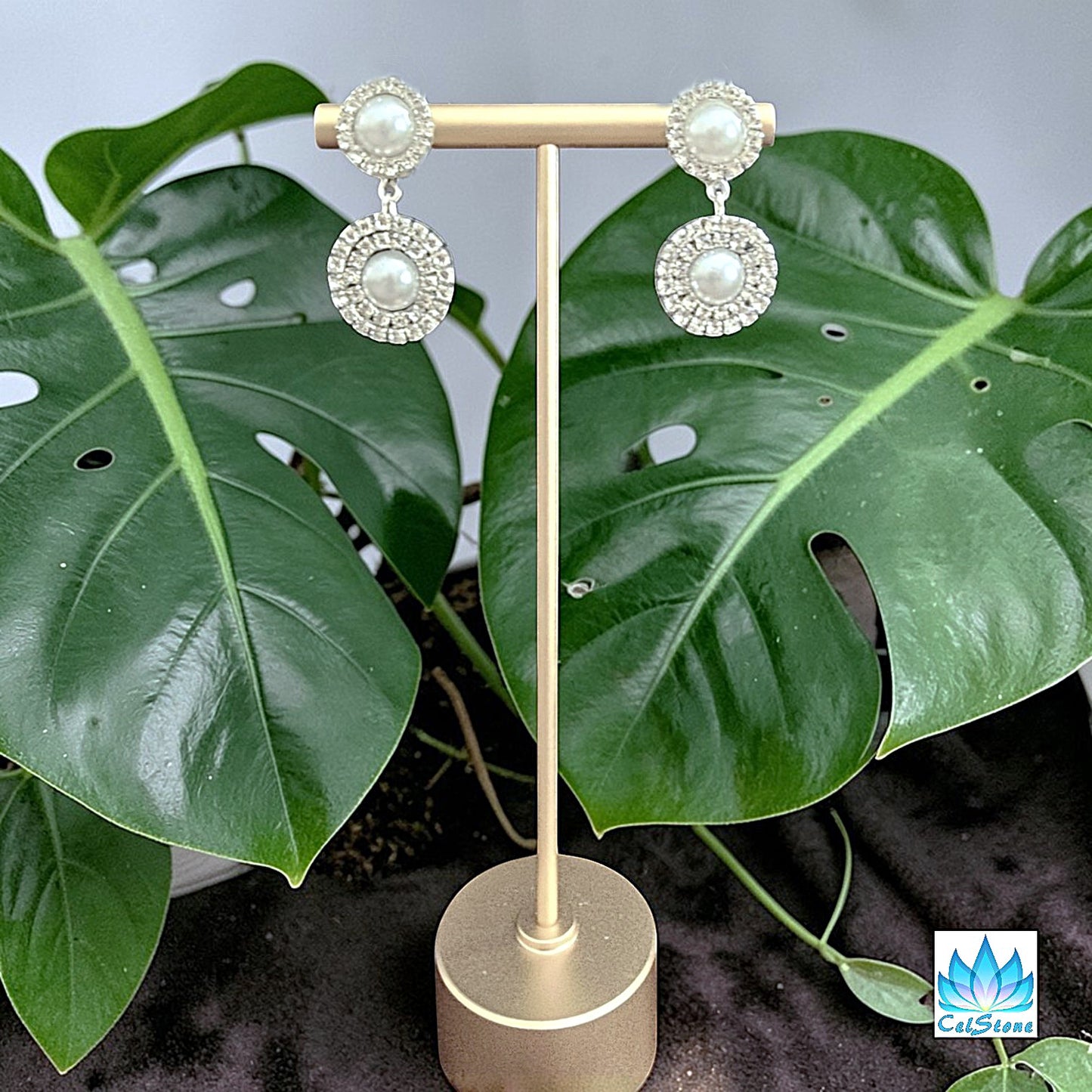 Double Pearl and Rhinestone Stud Earrings