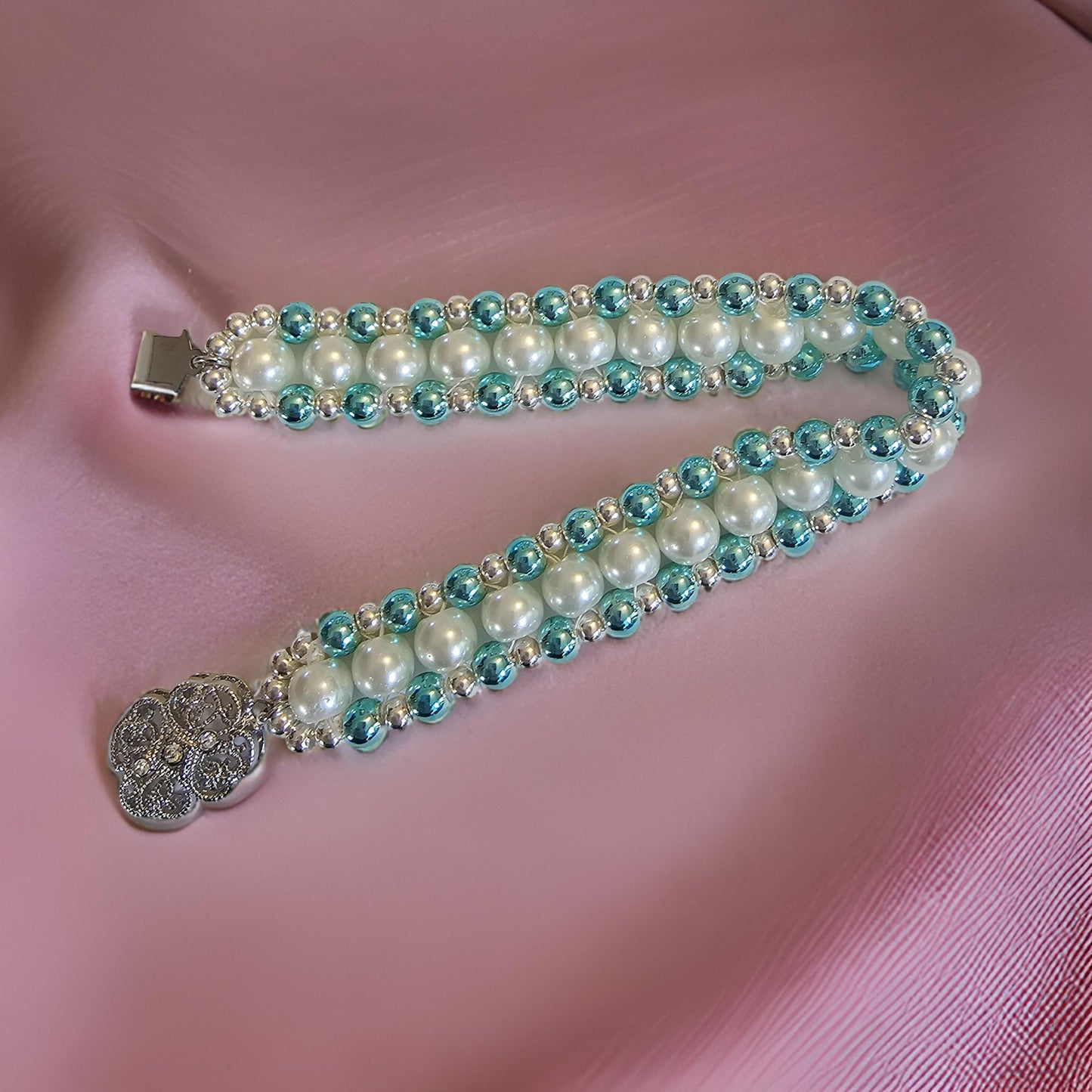 Glass Pearl and Aqua Hematite Bracelet