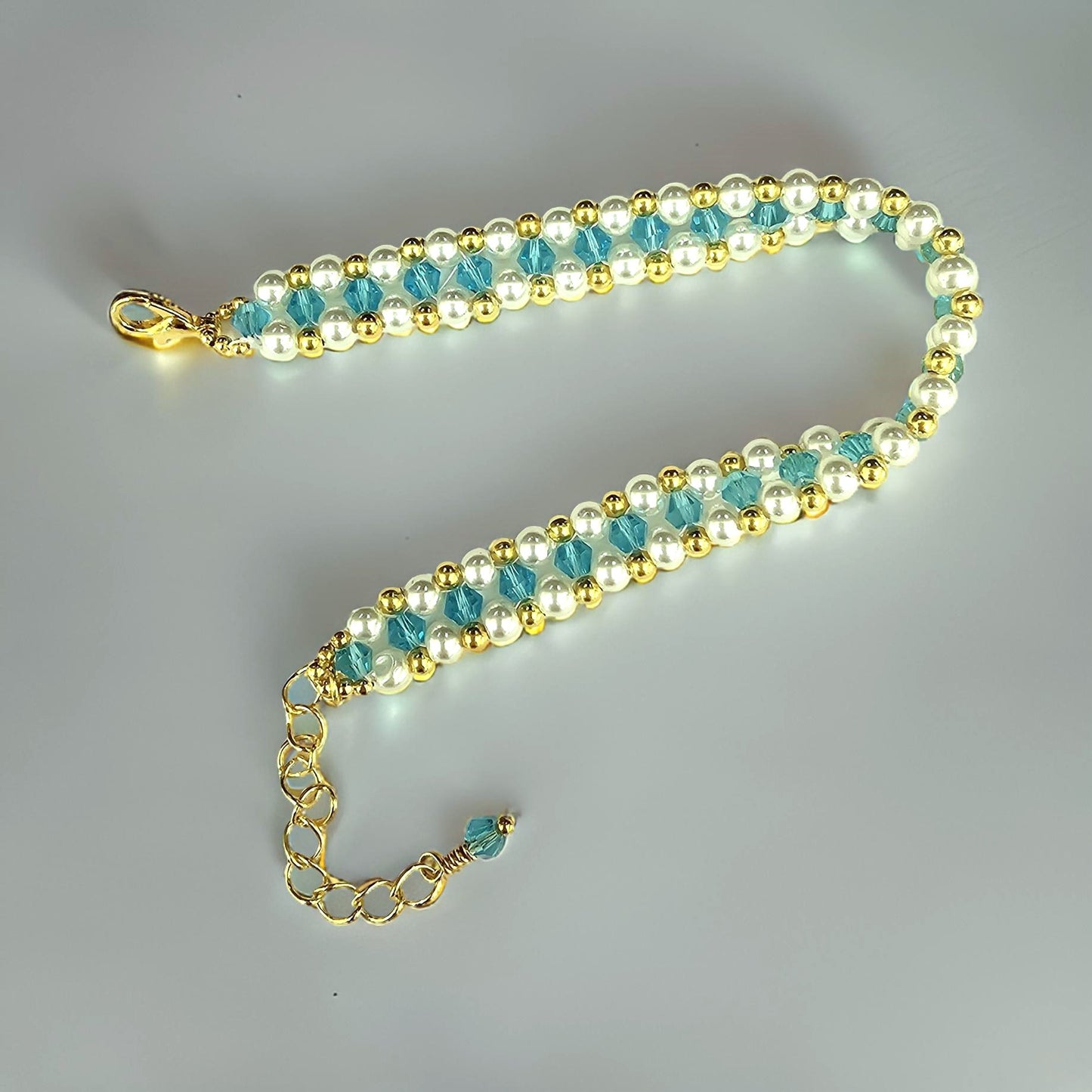 Glass Pearl and Aqua Crystal Bracelet