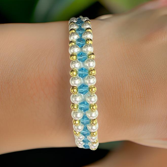 Glass Pearl and Aqua Crystal Bracelet