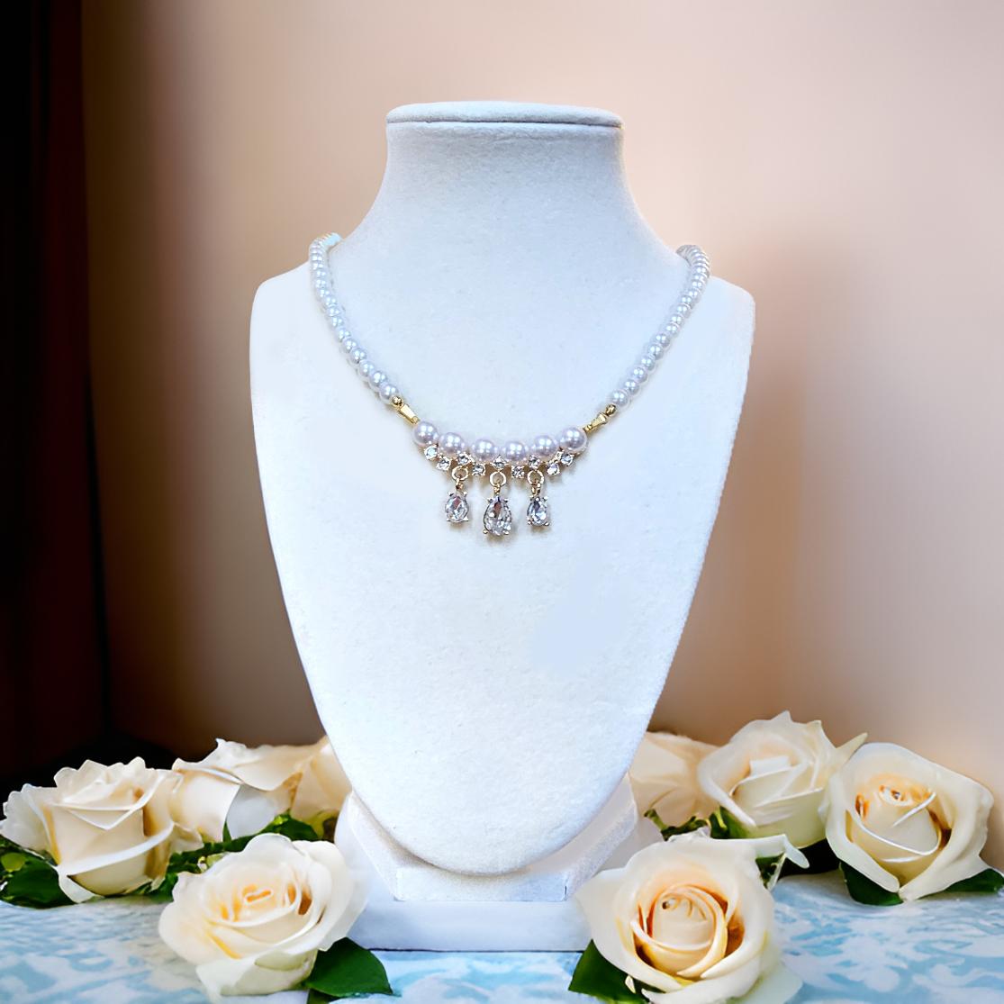 Glass Pearl Necklace with Crystal Focal Piece