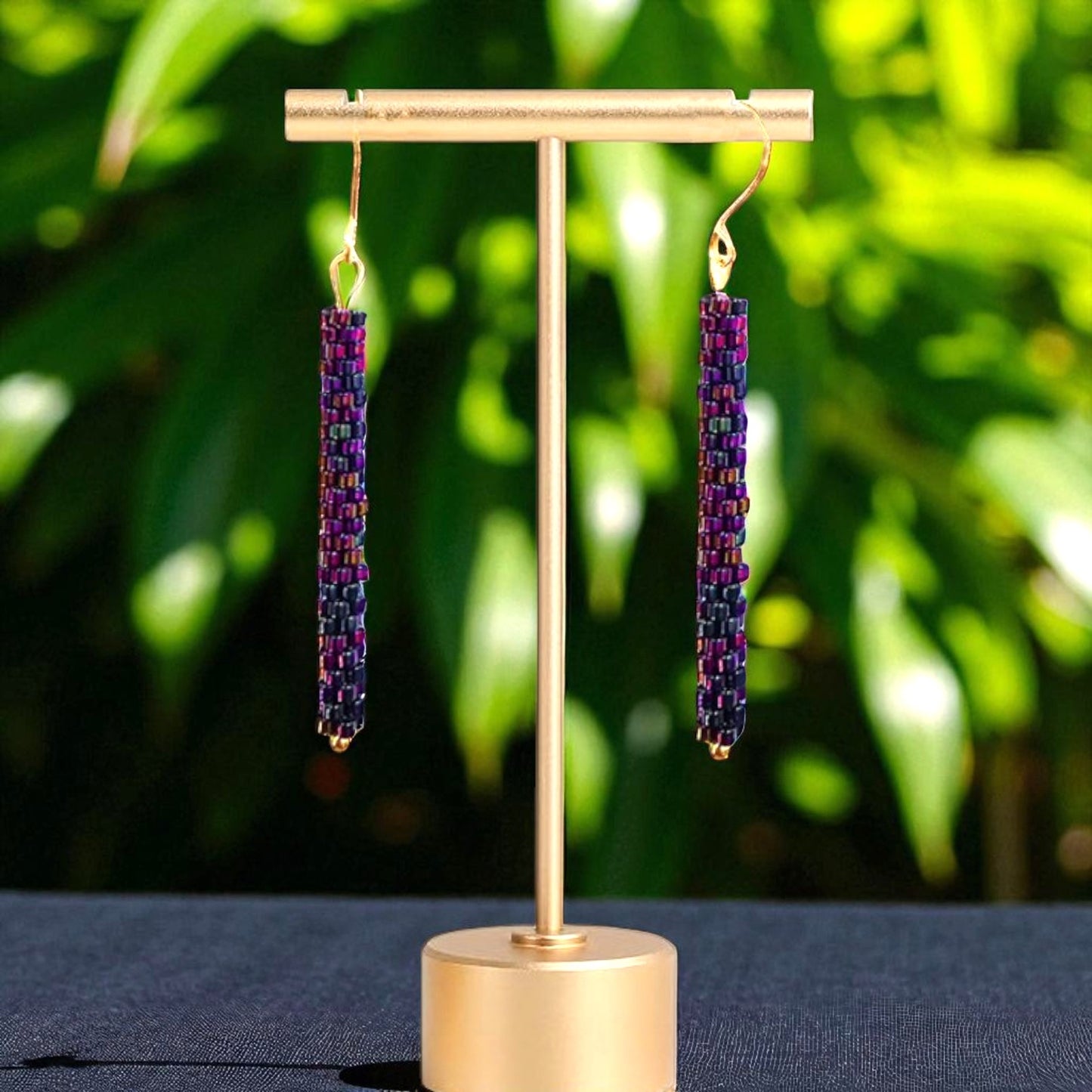 Dark Plum Iris Peyote Tube Earrings