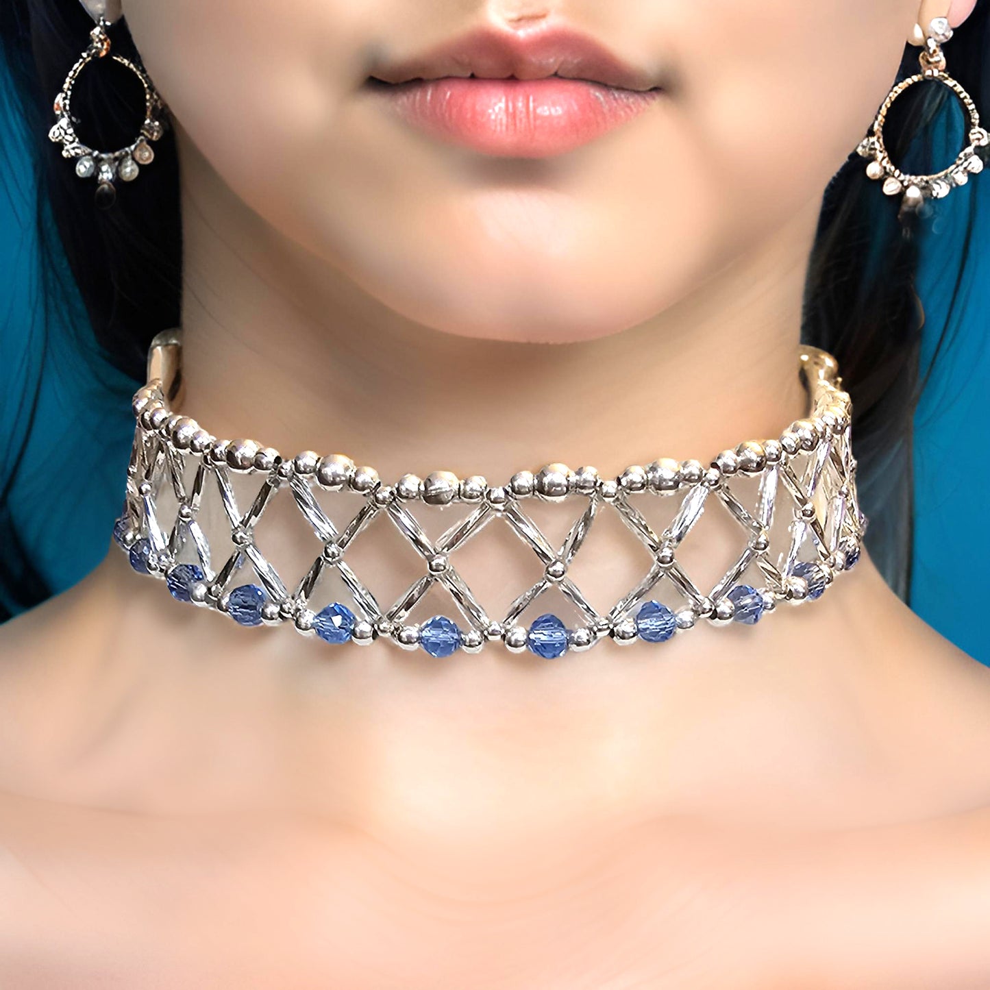 Silver Bugle Bead and Crystal Choker