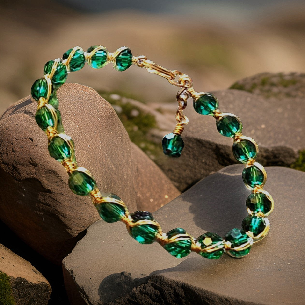 Green Crystal Bracelet - Wire Wrapped Bracelet - CelStone Jewelry