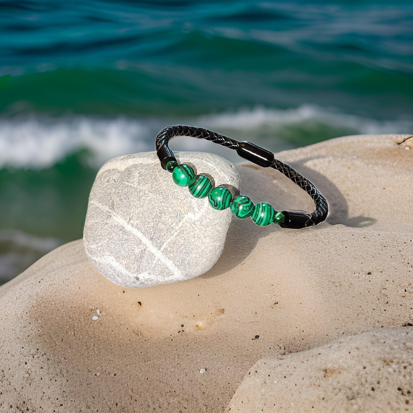 Braided Leather Bracelet - Malachite Bracelet - CelStone Jewelry