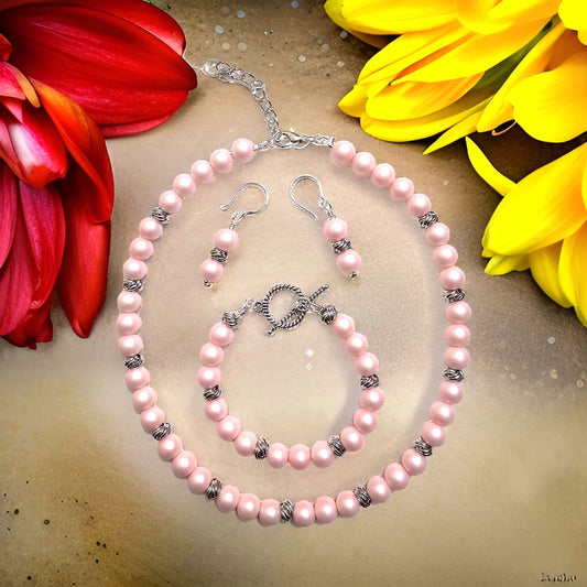 Pink Glass Pearl Set - Frosted Pearl Jewelry - CelStone Jewelry