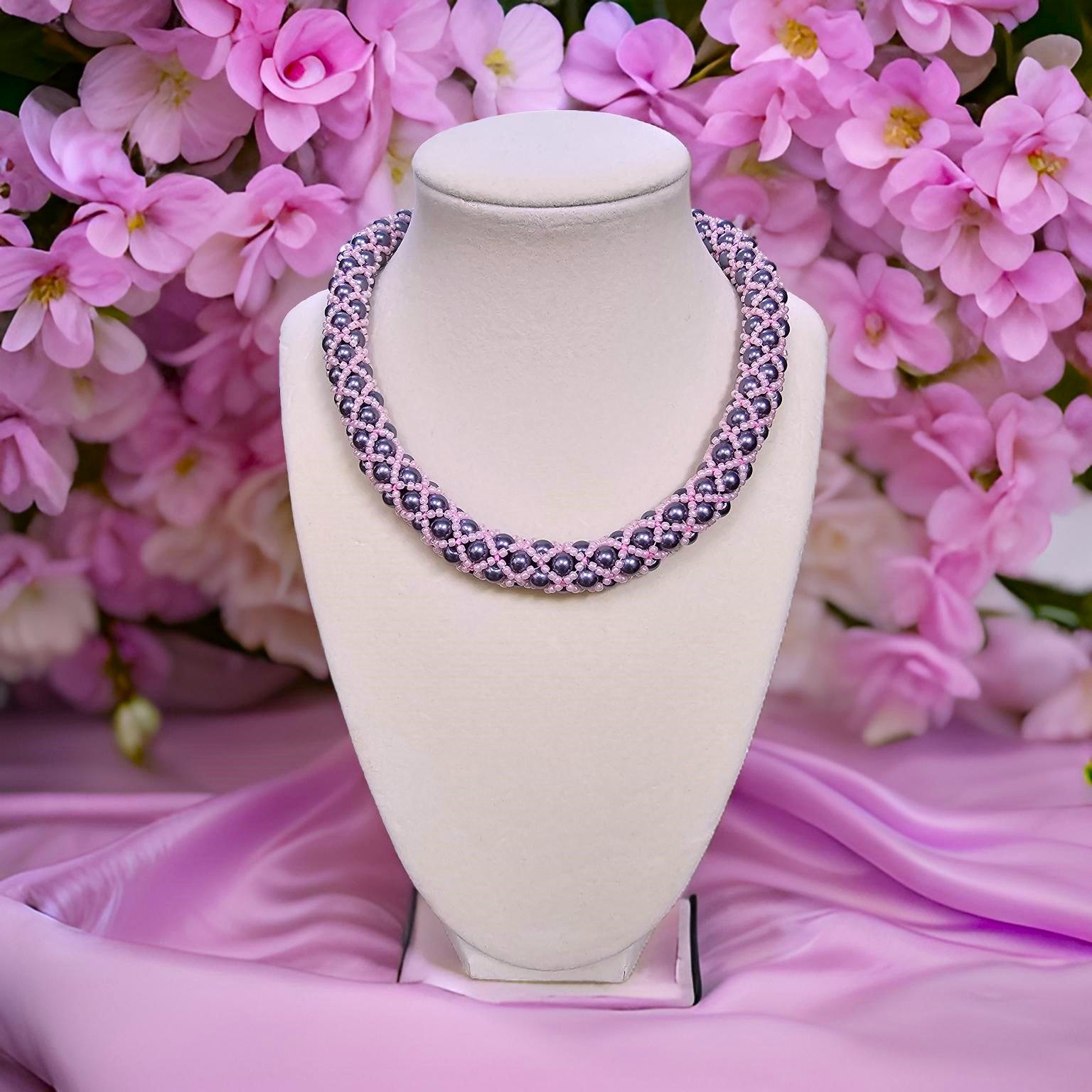 Tubular Net Necklace - Glass Pearl Jewelry - CelStone Jewelry