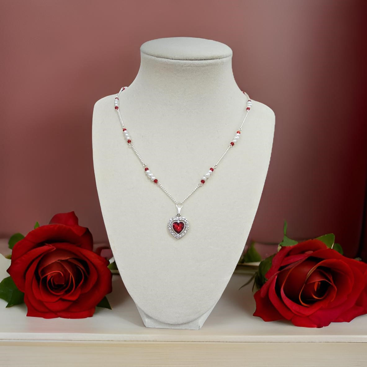 Valentine's Day necklace with Pearls and Crystals