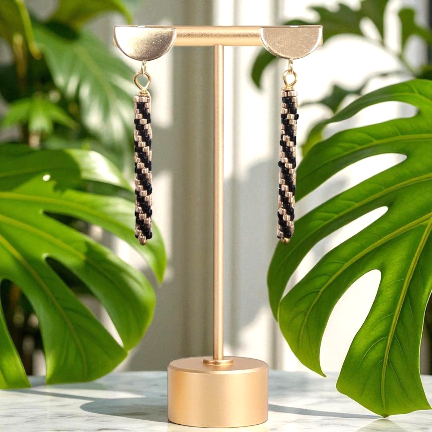 Peyote Tube Black and Gold Earrings