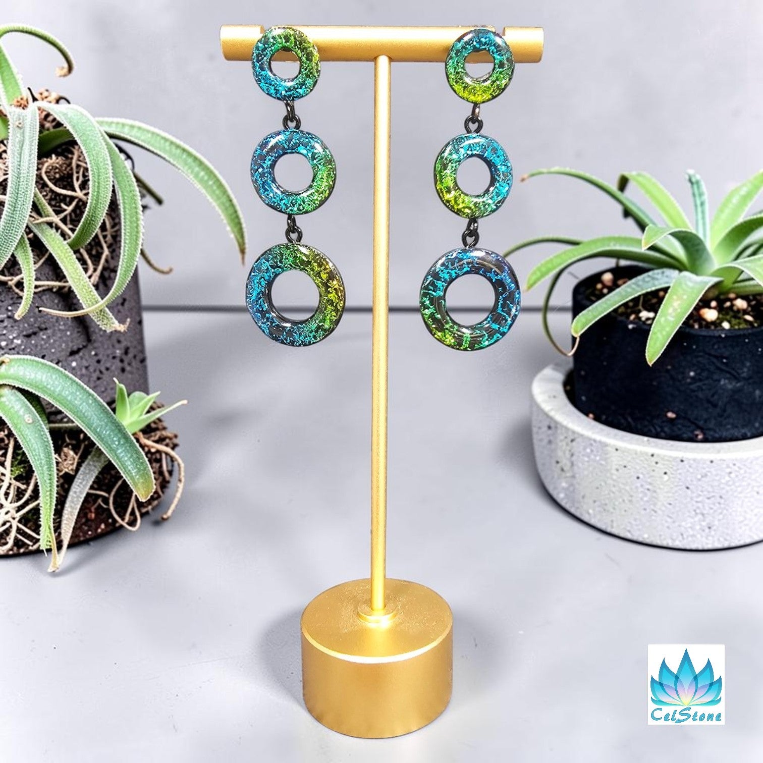 Blue and green foikd=ed dangle earrings