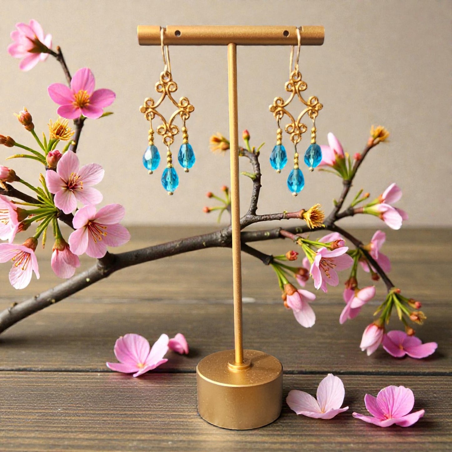 Goldtone Lake Blue Crystal Chandelier Earrings