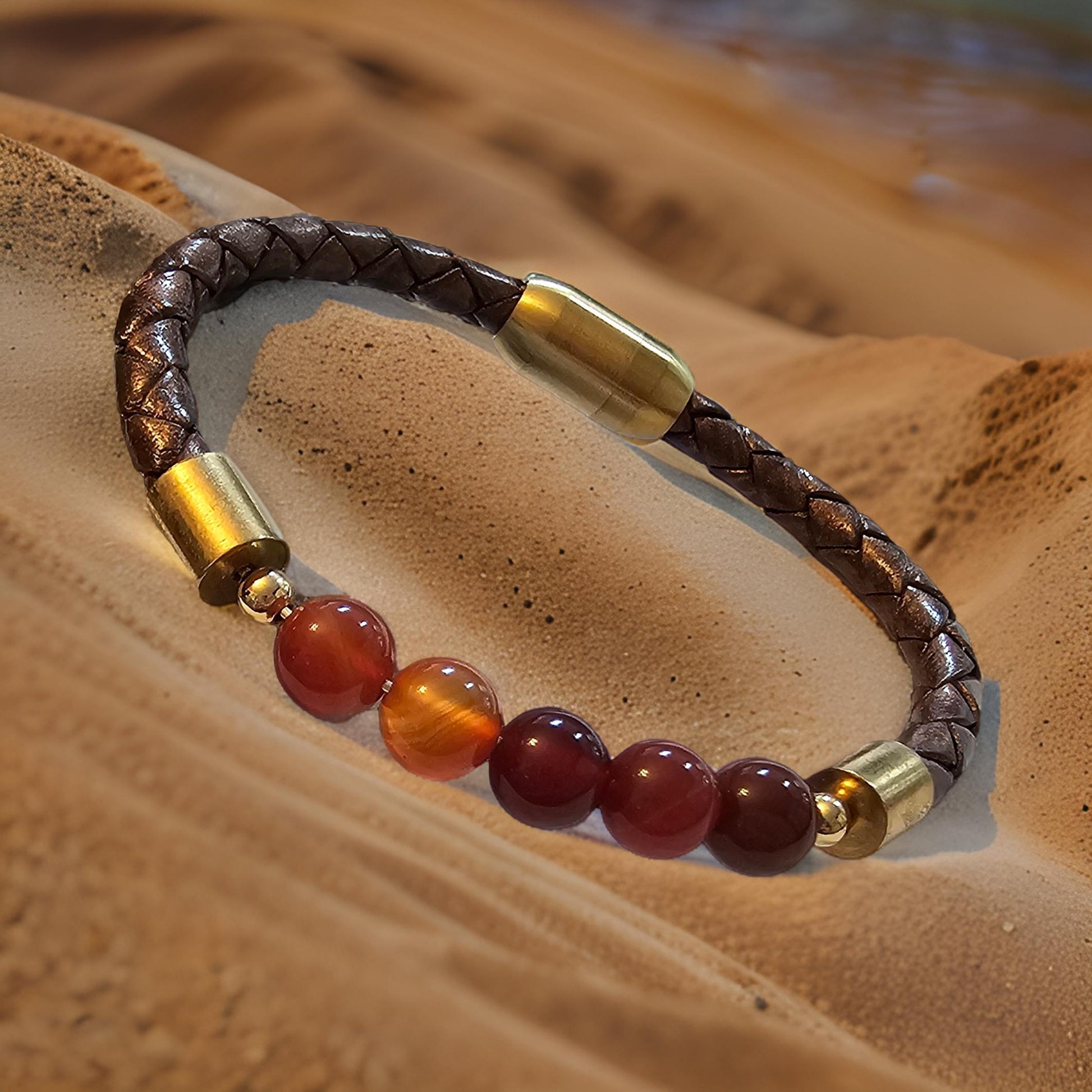 Bronze Leather Bracelet - Carnelian Bracelet - CelStone Jewelry