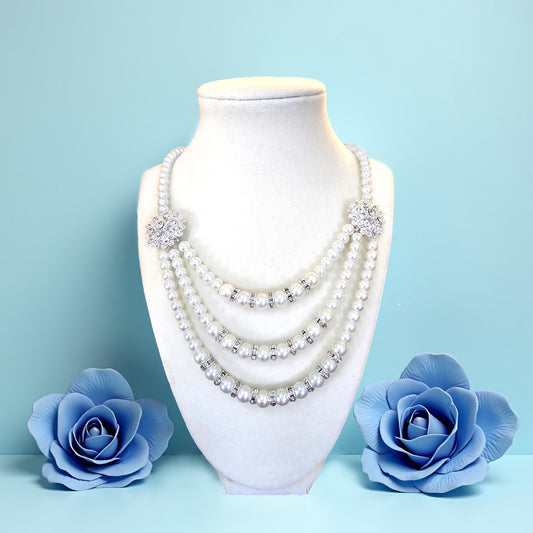 Double Rhinestone Focal Piece Glass Pearl Necklace