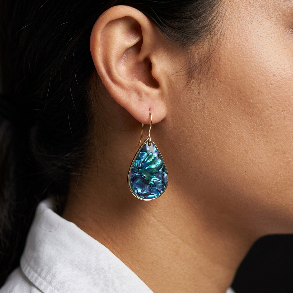 Close-up of an ear wearing a teardrop-shaped earring with a blue and green gemstone.