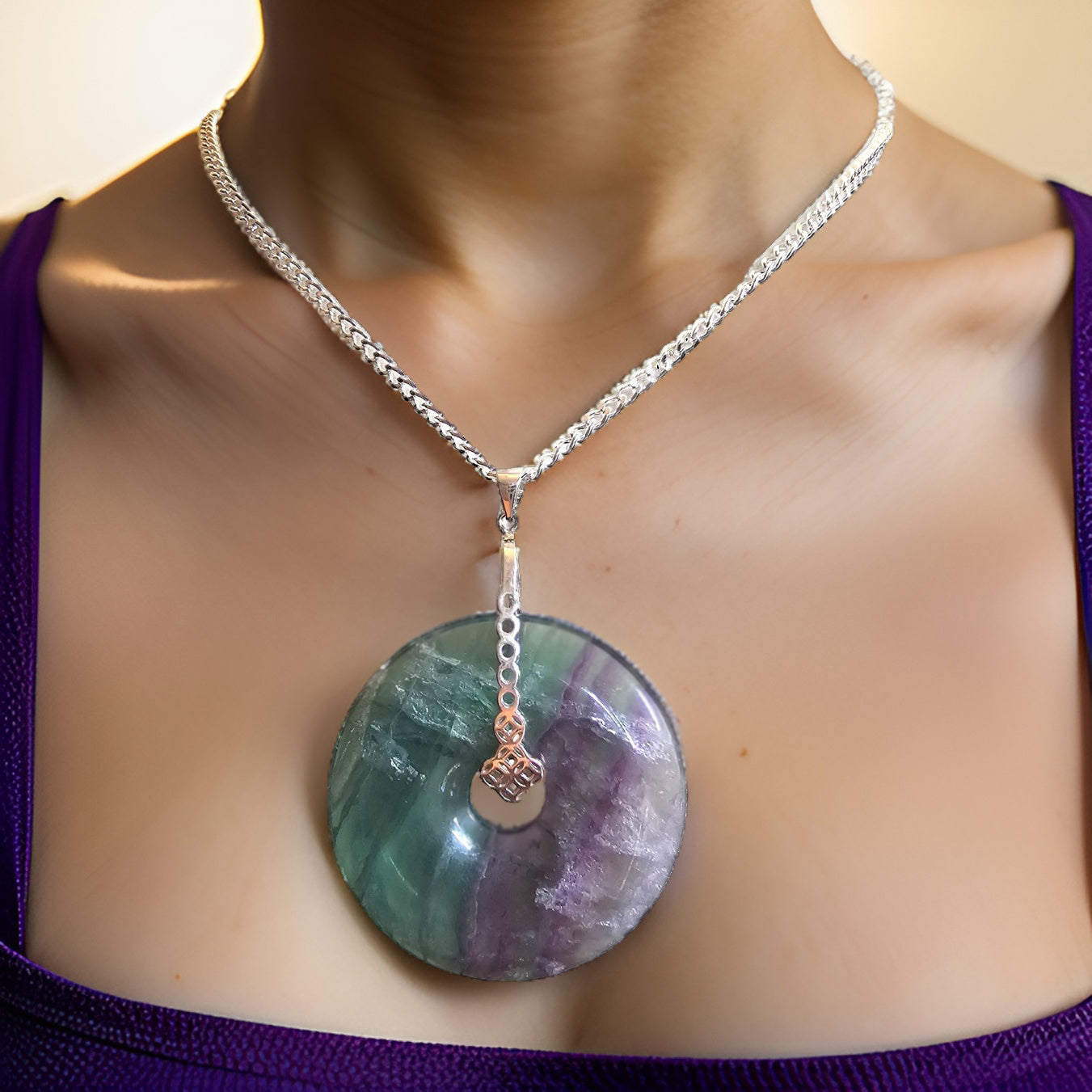 Fluorite Donut Pendant - Silver Chain Jewelry - CelStone Jewelry