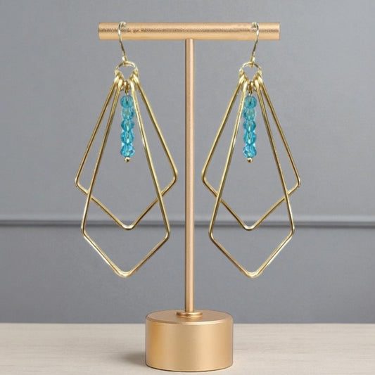 gold geometric earrings with aqua crystals