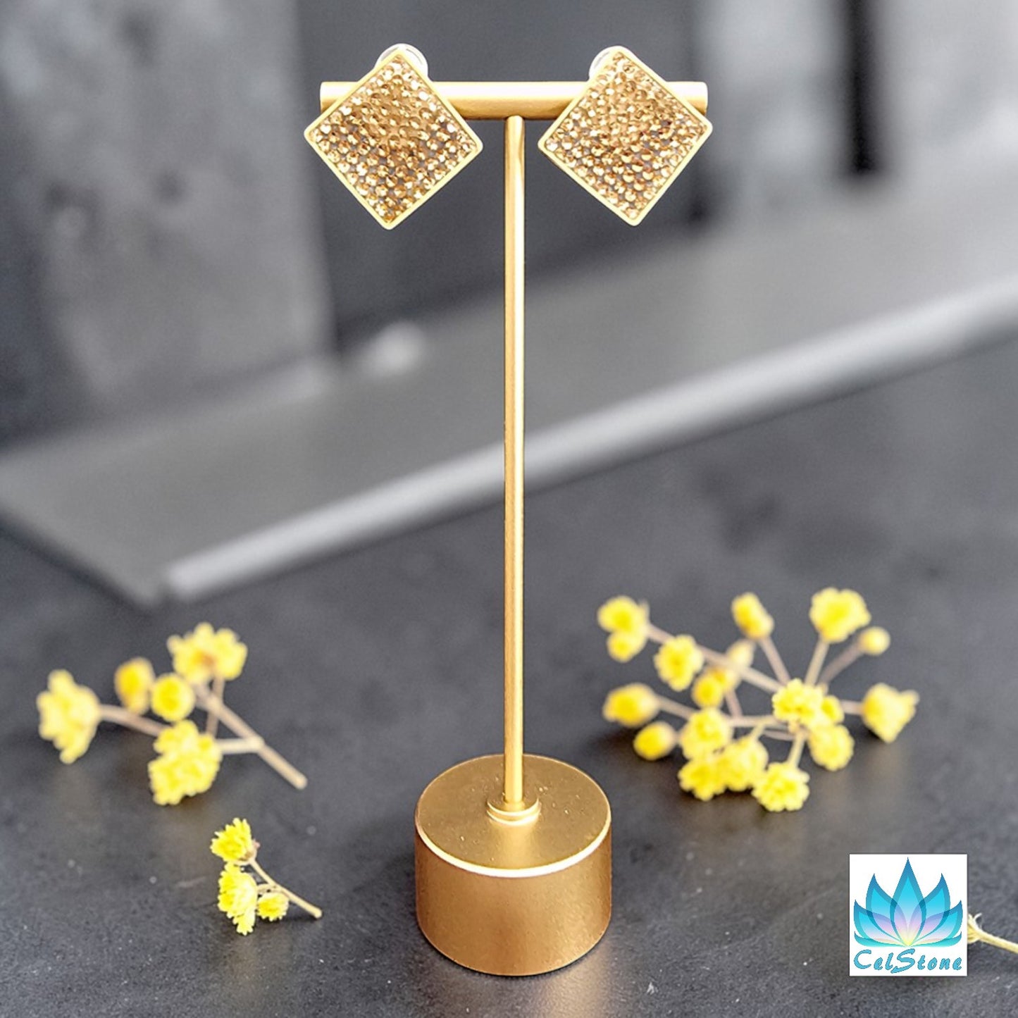 Golden Rhinestone Square Clip-on Earrings