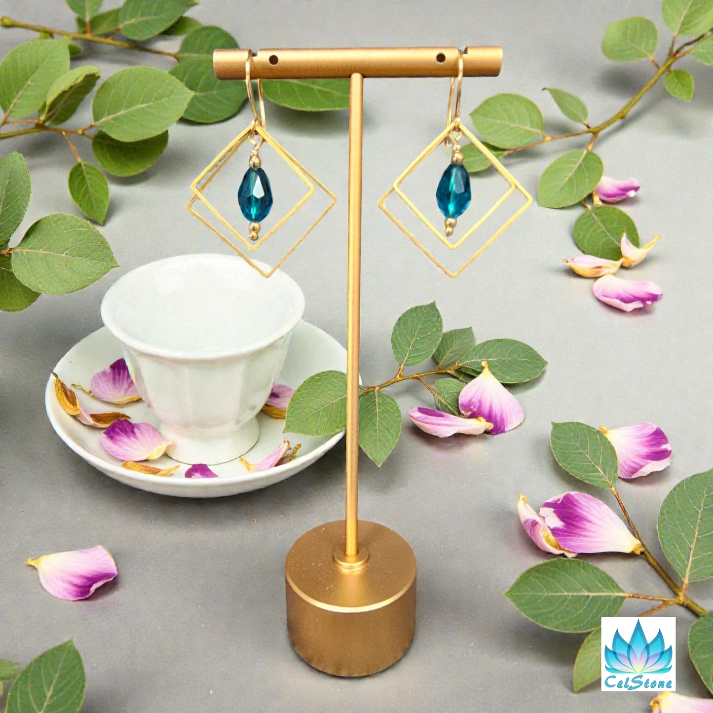 Geometric Goldtone Square Earrings with Crystal