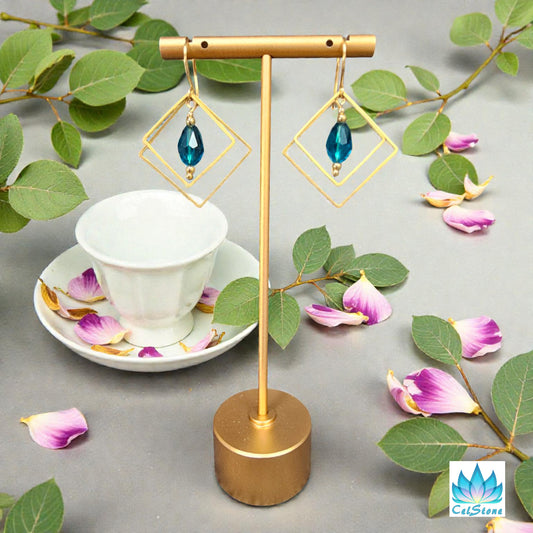 Geometric Goldtone Square Earrings with Crystal