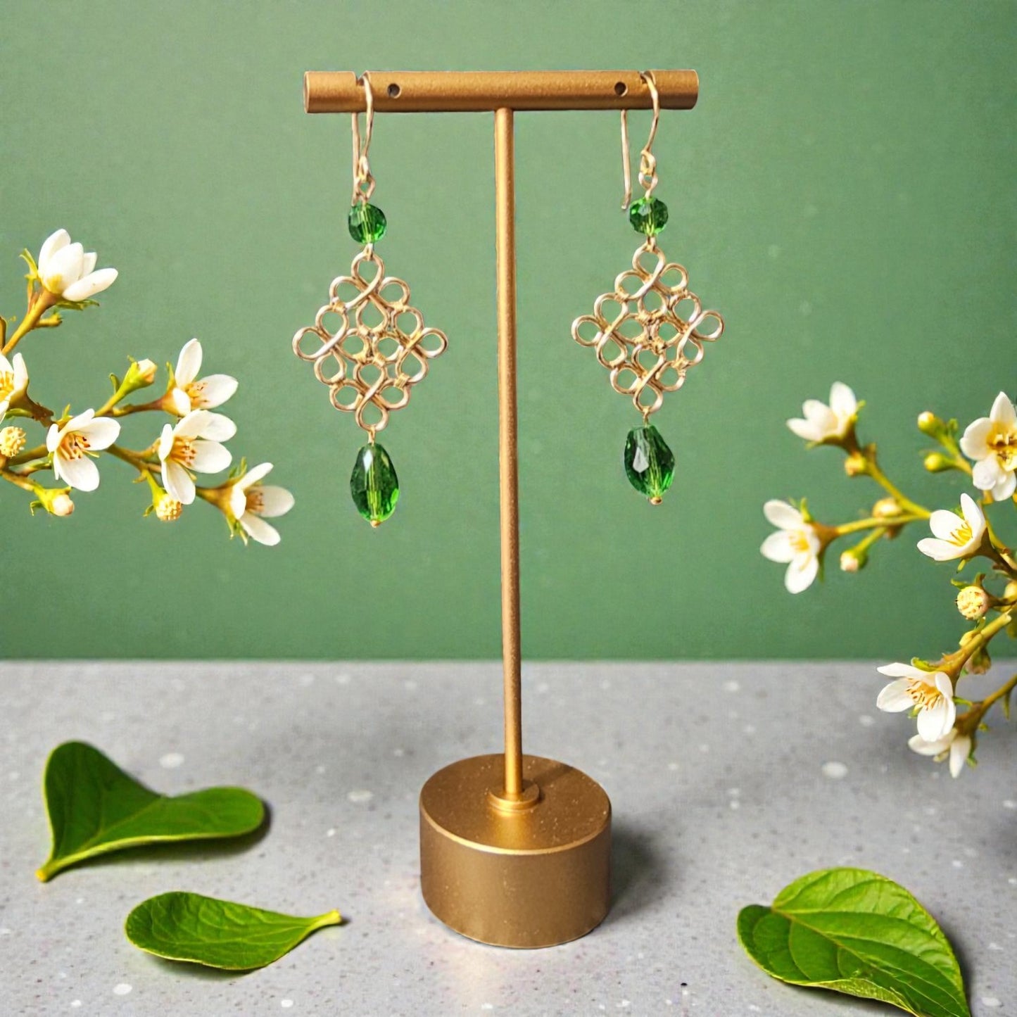 Celtic Earrings with Green Crystals