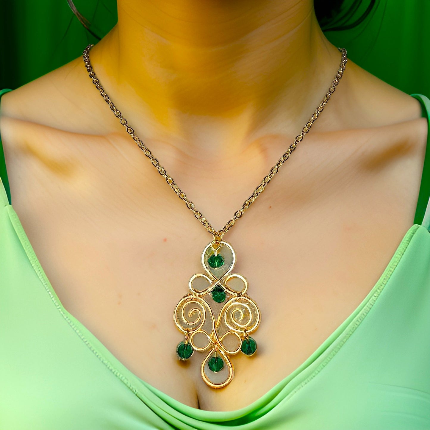 Gold Swirl Jewelry - Green Pendant - CelStone Jewelry