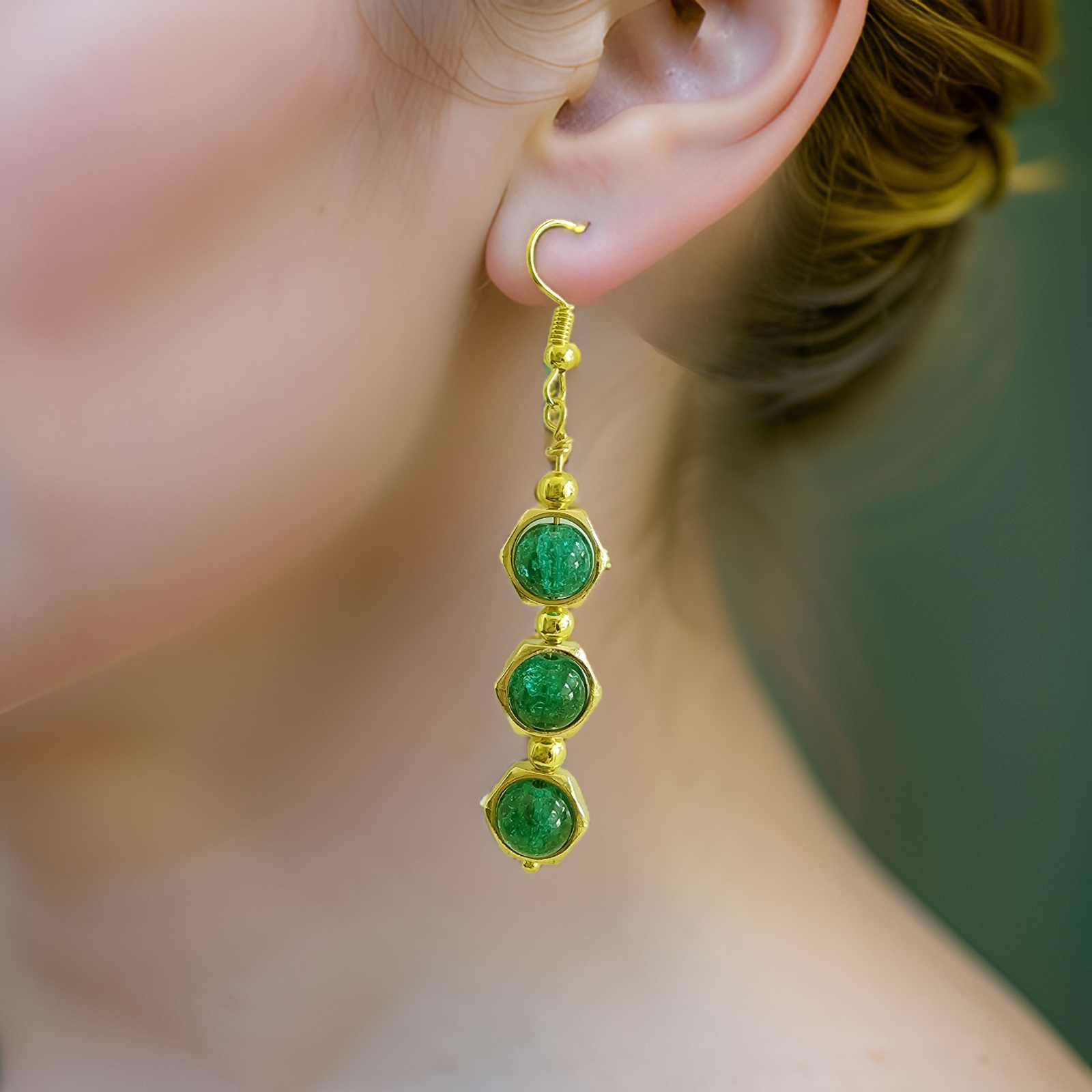 Green Glass Earrings - Crackle Glass Jewelry - CelStone Jewelry