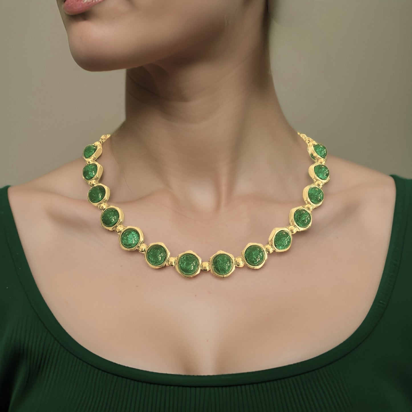 Green Crackle Glass - Gold Accent Necklace - CelStone Jewelry