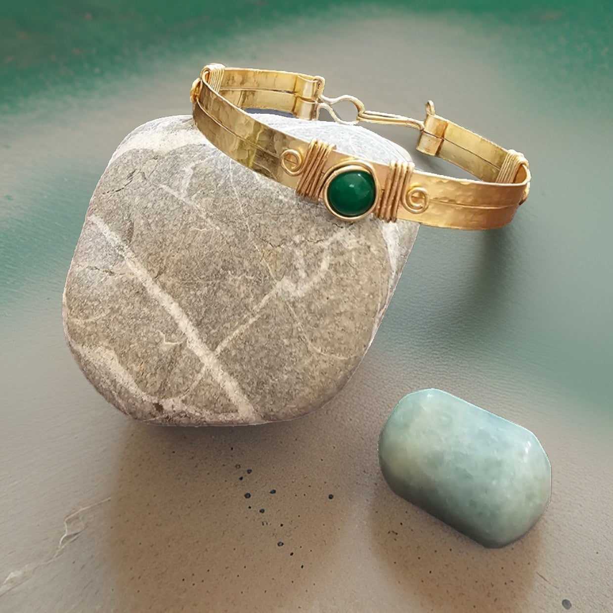 Hammered Cuff Bracelet - Green Crystal Bracelet - CelStone Jewelry