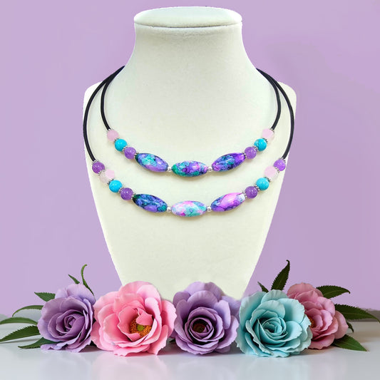 Painted Glass Bead Memory Wire Layered Necklace