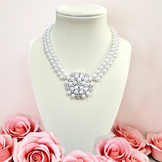 Pearl Necklace with Rhinestone and Pearl Focal Piece