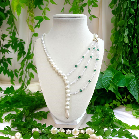 Glass Pearl with AB and Emerald Green Crystals Necklace