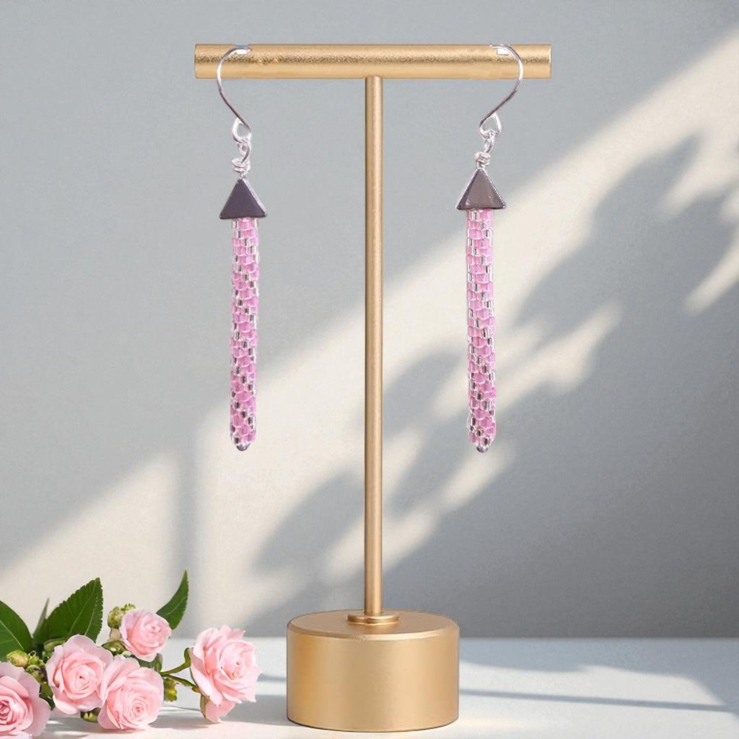 Pink and Crystal Peyote Tube Earrings
