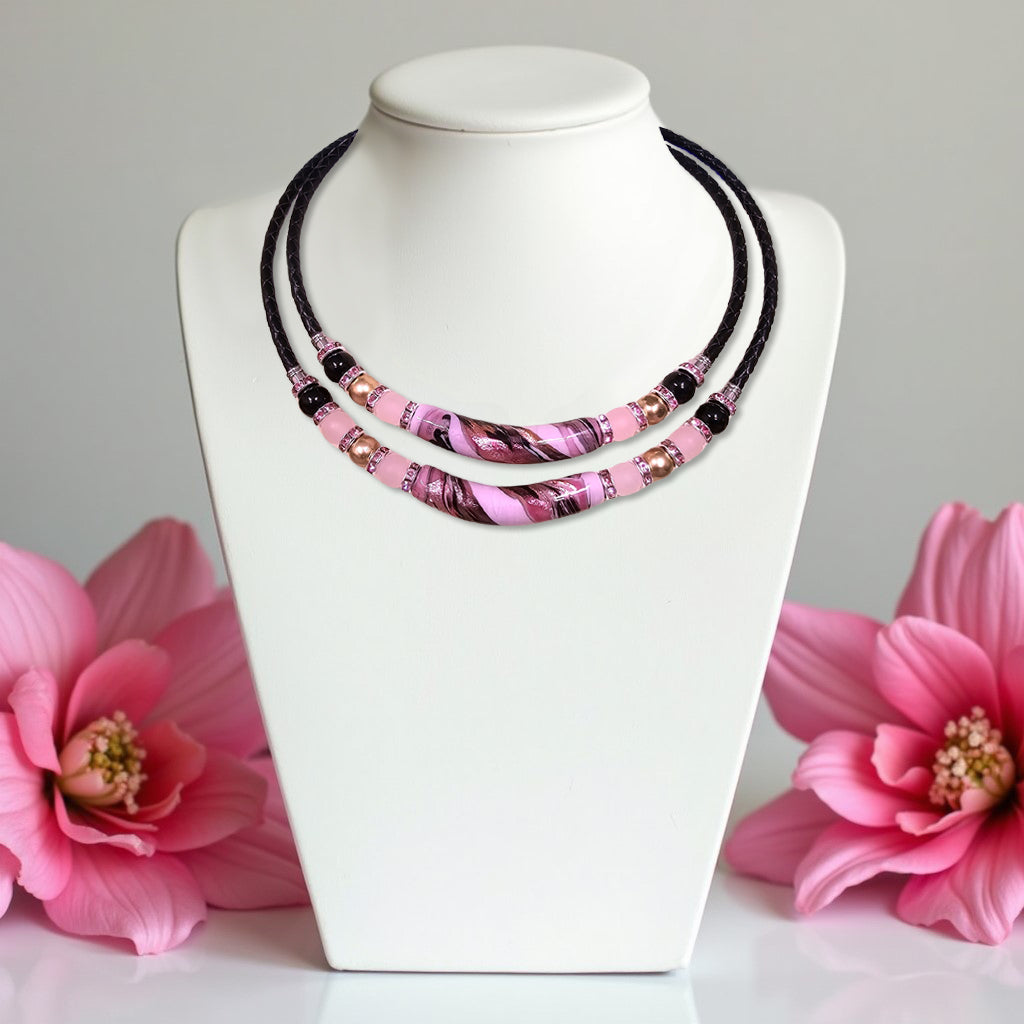 Pink Murano Leather Memory Wire Necklace