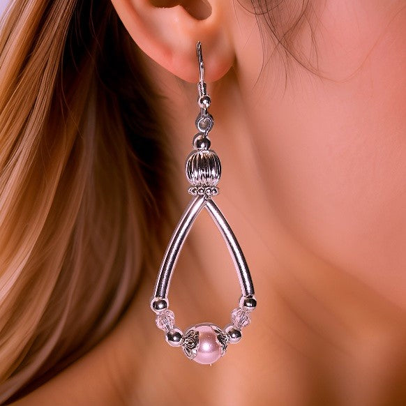 Pink Hoop Earrings - Czech Glass Earrings - CelStone Jewelry