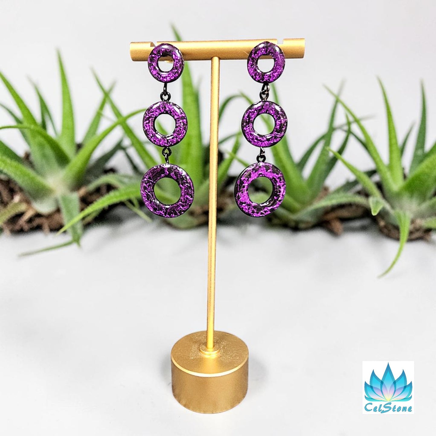 purple foiled dangle earrings