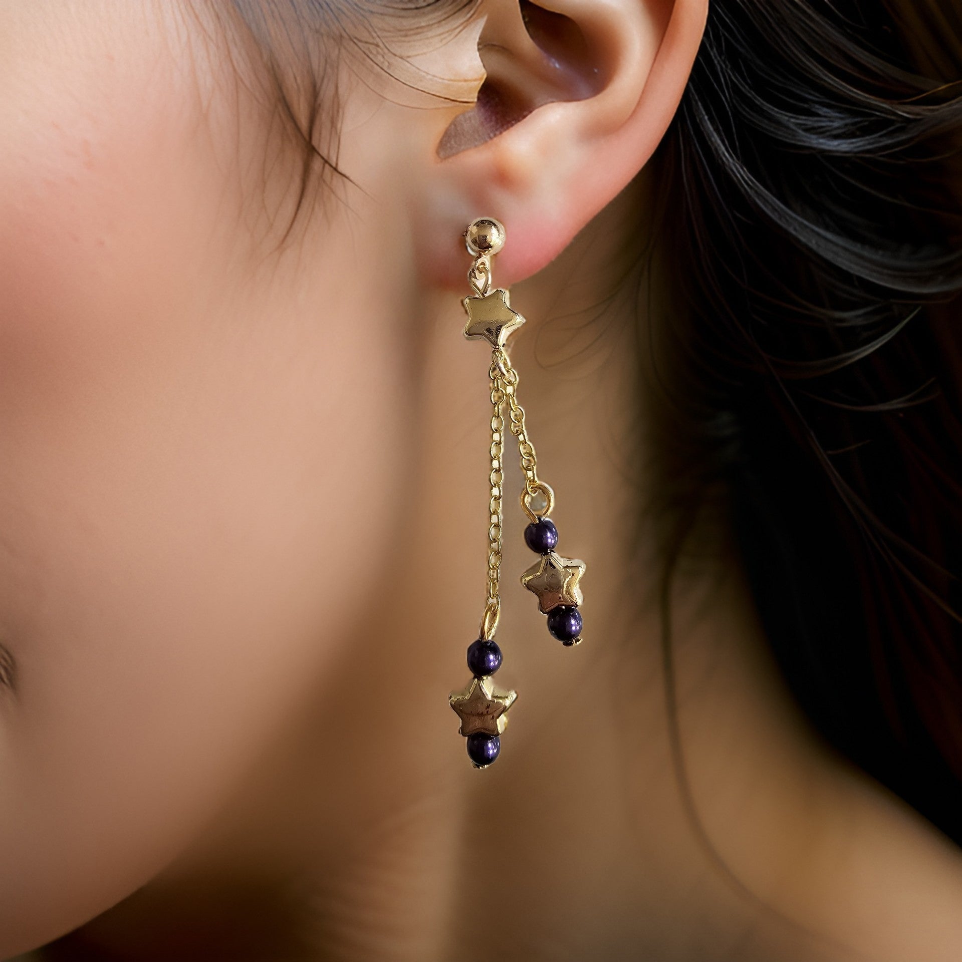 Tiny Star Earrings - Purple Glass Pearls - CelStone Jewelry