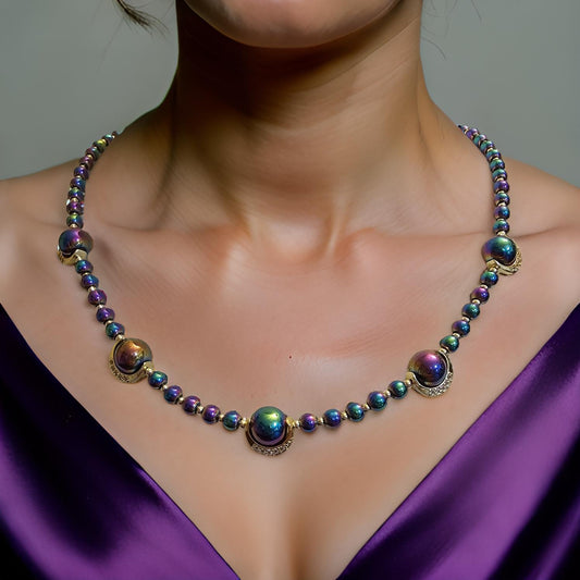 Rainbow Hematite Necklace - Goldtone Spacer Beads - CelStone Jewelry