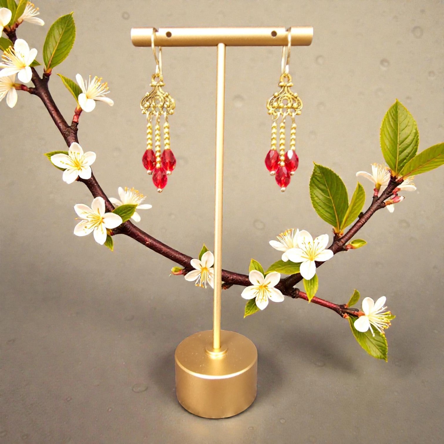 Antique Component Red Crystal Drop Earrings