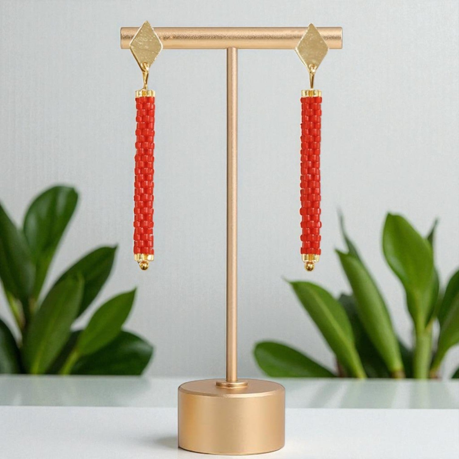 Red and Gold Peyote Tube Earrings
