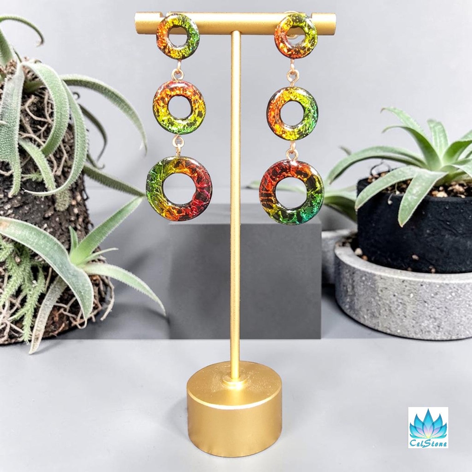 Red, green, yellow foiled dangle earrings
