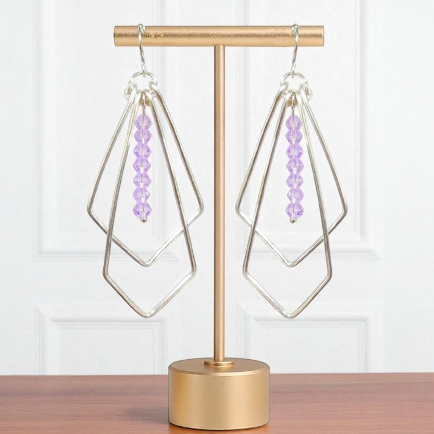 silver geometric earrings with lavender crystals