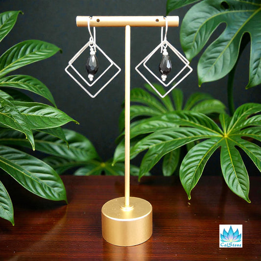 Geometric Silvertone Square Earrings with Crystals