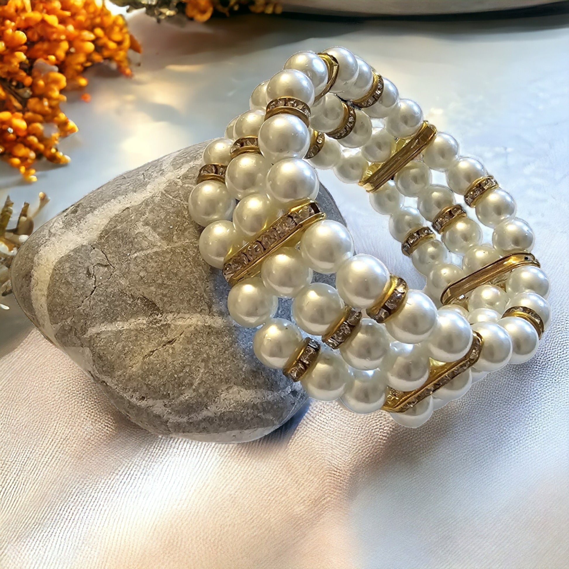 White Pearl Bracelet - Stretch Bracelet - CelStone Jewelry